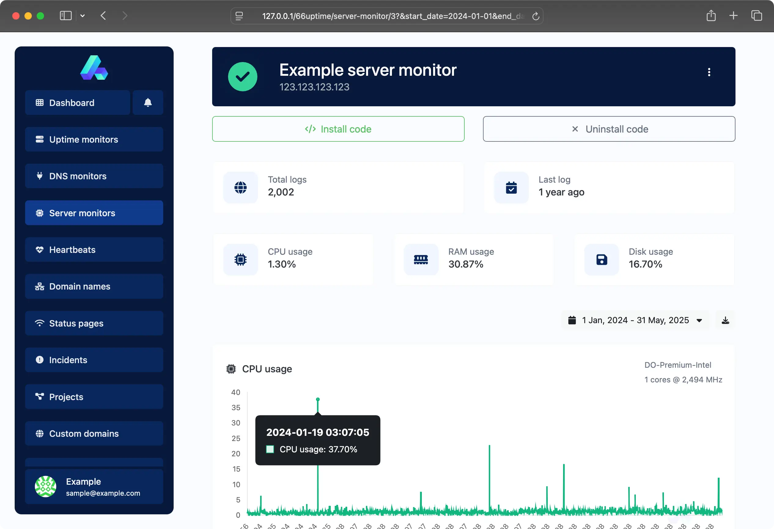 Capture d'écran de la page de surveillance du serveur d'application